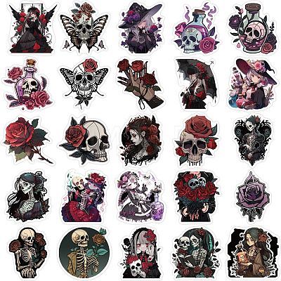 50Pcs PVC Self-Adhesive Gothic Rose Girl Horror Skull Sticker PW-WGAA076-01-1