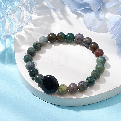 8mm Round Natural Indian Agate & Flat Round Black Onyx(Dyed & Heated) Beaded Stretch Bracelets for Women BJEW-JB10794-1