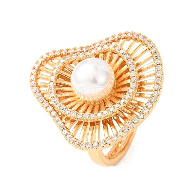 Adjustable Brass Micro Pave Clear Cubic Zirconia with ABS Plastic Pearl Cuff Rings RJEW-G368-04G-1