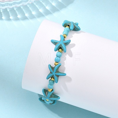 Synthetic Turquoise & Brass Beads Stretch Bracelets for Women Men BJEW-JB13877-01-1