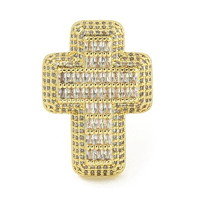 Cross Brass with Cubic Zirconia Open Cuff Rings RJEW-U011-09G-01-1