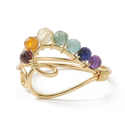 Natural Mixed Gemstone Braided Beaded Heart Open Cuff Ring RJEW-JR00549-1