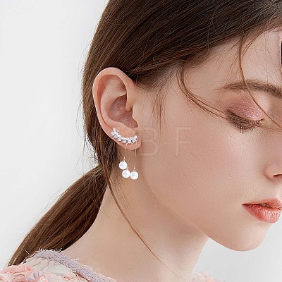 Clear Cubic Zirconia Leafy Branch with Imitation Pearl Dangle Stud Earrings JE1051A-1