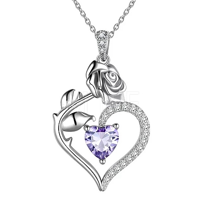 Rhodium Plated 925 Sterling Silver Pave Cubic Zirconia Rose Heart Birthstone Pendant Cable Chain Necklaces PW-WGEE50C-06-1