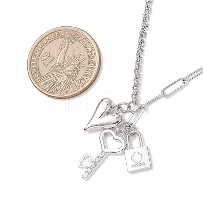 Alloy Crystal Rhinestone Heart Key Lock Pendant 304 Staniless Steel Rolo Chain Paperclip Chain Necklaces for Women NJEW-JN05620-1