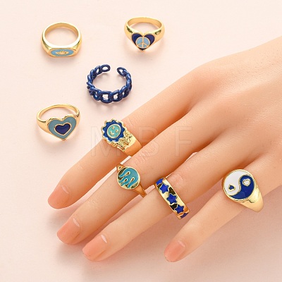 9Pcs 9 Style Alloy Enamel Signet Finger Rings and Cuff Rings Set RJEW-LS0001-58-1