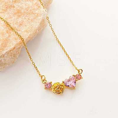304 Stainless Steel Rose Rhinestone Pendant Necklaces for Women WGA56D1-02-1