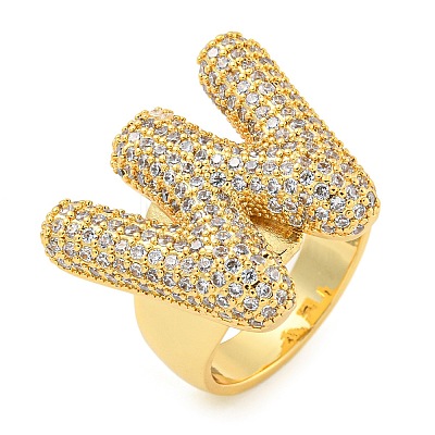 Brass Micro Pave Clear Cubic Zirconia Letter Open Cuff Ring for Women RJEW-M173-01G-W-1