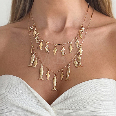 Bohemian Ocean Zinc Alloy & Iron Multiple Fish Pendant Double Layer Necklaces for Women WG627B2-01-1