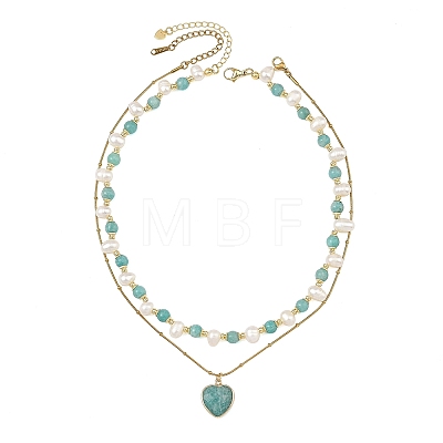 Natural Amazonite Heart Pendant 304 Stainless Steel Satellite Chain Double Layer Necklaces NJEW-JN06692-1
