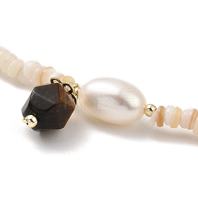 Natural Tiger Eye Beads Charm Necklace with Natural Shell & Pearl Beaded Chains NJEW-K251-01-1
