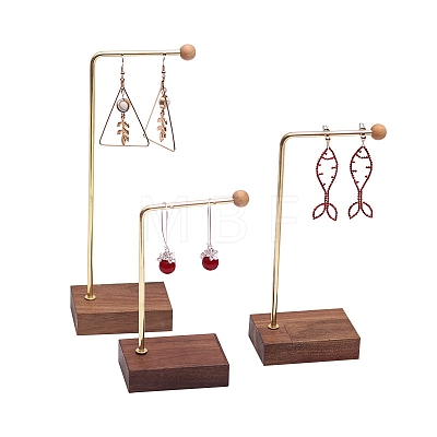 3Pcs 3 Sizes Metal L Shaped Dangle Earring Display Rack with Wooden Base PW-WG96331-01-1