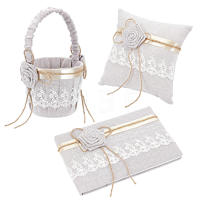 1Pc Square Linen Lace Wedding Ring Display Pillow with Flower AJEW-WA0004-22-1