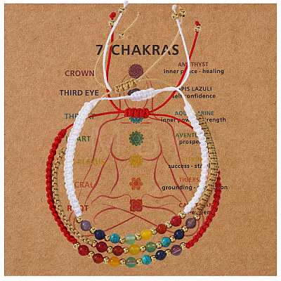 3Pcs Adjustable Chakra Natural & Synthetic Mixed Stone Round Bead Braided Bracelet Sets ZZ4943-8-1