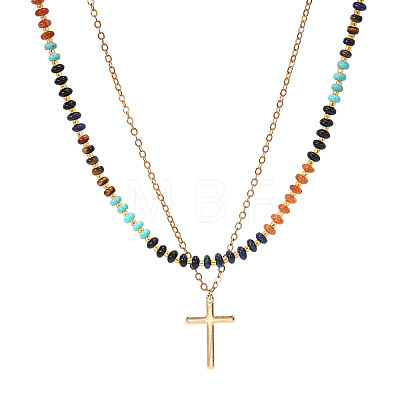 Stainless Steel Religion Cross Pendant Colorful Natural Mixed Gemstone Rondelle Beaded Double Layer Necklaces for Women TF5926-1