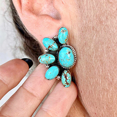 Bohemian Style Flower Alloy & Synthetic Turquoise Stud Earrings FS-WG437DA-01-1