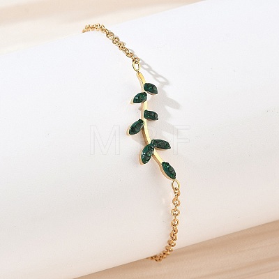 304 Stainless Steel Rhinestone Leaf Link Bracelets SA-CBA5F76-03G-03-1