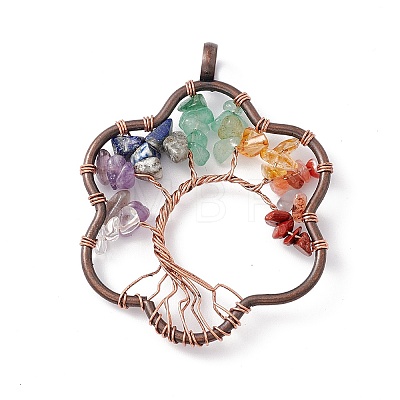 7 Chakra Flower Natural Mixed Stone Copper Wire Wrapped Chip Big Pendants G-E195-12R-01-1