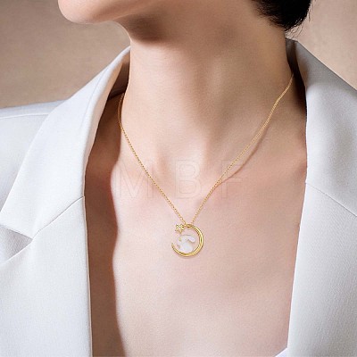 Natural Shell Bunny with Crescent Moon Pendant Necklace with Clear Cubic Zirconia JN1073A-1