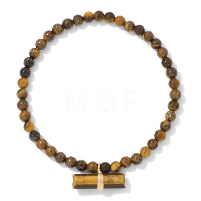 4MM Natural Tiger Eye Round Beaded Stretch Bracelets with Faceted Column Gems Charms WG291B2-04-1
