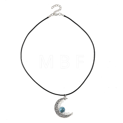 4Pcs 4 Colors Round Natural Dyed Green Jade & Heated Citrine & Hemimorphite & Moonstone Alloy Hollow Moon Pendant Black Waxed Cord Necklaces for Women NJEW-TA00262-1