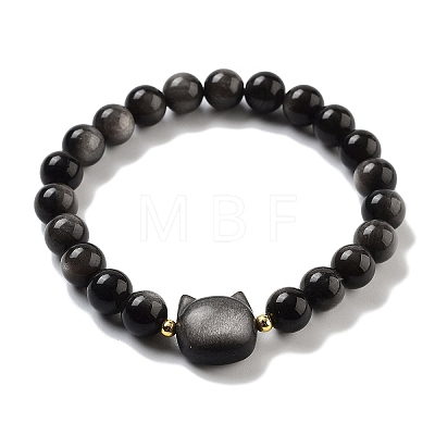 Round & Cat Head Natural Obsidian Beaded Stretch Bracelets for Women BJEW-K251-03F-1