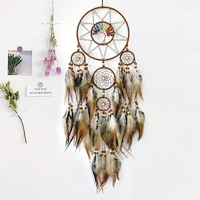 Bohemian Wood & Gemstone Chips Web/Net with Feather Pendant Decorations HJEW-A013-04B-1