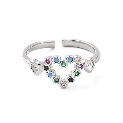 Colorful Cubic Zirconia Double Heart Open Cuff Ring RJEW-C061-02P-1