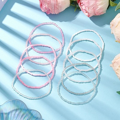 10Pcs Pink & White Rondelle Glass Seed Beaded Stretch Bracelet Sets BJEW-JB10419-1