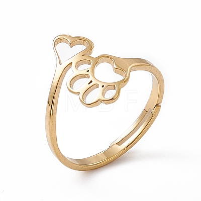 Ion Plating(IP) 201 Stainless Steel Heart & Dog Paw Prints Adjustable Ring for Women RJEW-K238-09G-1