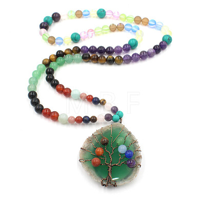 Wire Wrap 7 Chakra Gemstone Tree of Life & Natural Agate Pendant Necklace PW-WG91792-02-1