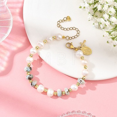 Rondelle Natural Larimar and Potato Natural Cultured Freshwater Pearl Beaded Bracelets BJEW-JB14435-1
