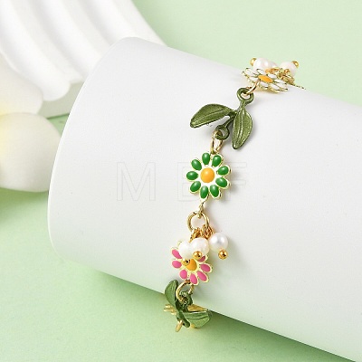 Brass Enamel Colorful Flower Link Chain Bracelets with Natural Pearl Beads for Women BJEW-JB14174-1