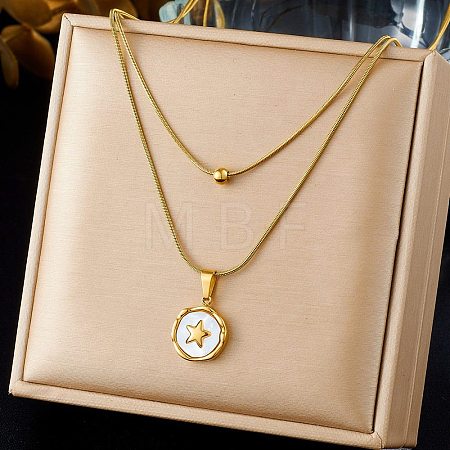 304 Stainless Steel with Natural White Shell Square Disc Pendant Double Layer Necklaces NJEW-K300-06C-G-1