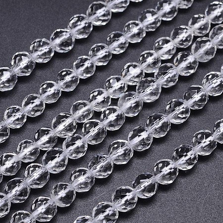 Faceted(64 Facets) Natural Quartz Crystal Round Beads Strands G-L411-34-6mm-1
