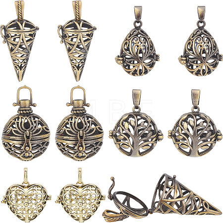 10Pcs 5 Styles Tibetan Style Brass Rack Plating Cage Pendants KK-SC0004-36-1