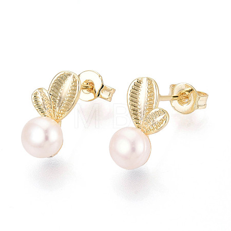 Brass & Natural Pearl Stud Earrings PEAR-N020-WX10-1