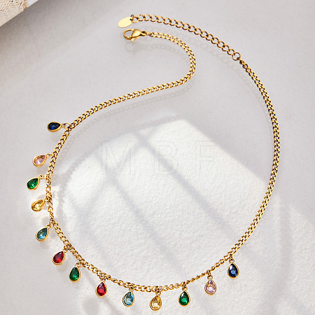 316L Surgical Stainless Steel Pave Cubic Zirconia Milti Teardrop Pendant Bib Necklaces for Women WGB3ADE-03-1