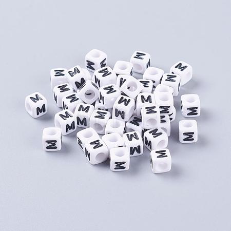 White Letter M Acrylic Cube Beads X-PL37C9308-M-1