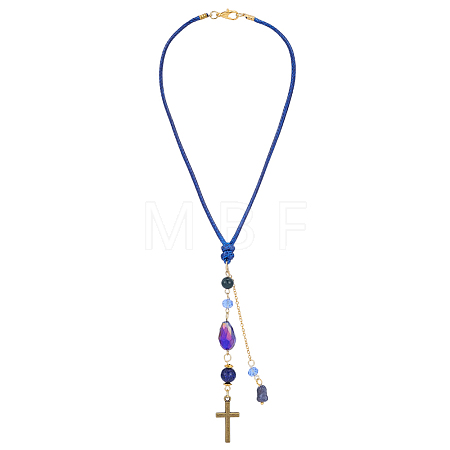 2Pcs Glass Bead & Natural Iolite & Natural Dyed Lapis Lazuli & Alloy Car Pendant Decorations. with Brass Chains and Waxed Polyester Cord HJEW-DR00302-1