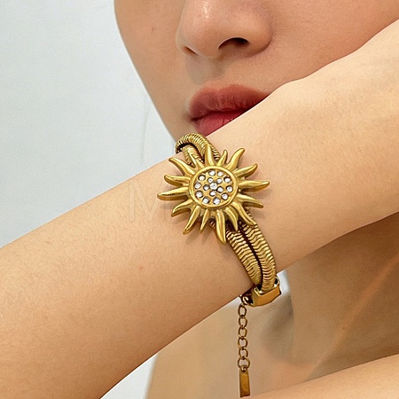 304 Stainless Steel & Rhinestone Snake Chain Double Layers Bangles for Women BJEW-D465-04B-G-1