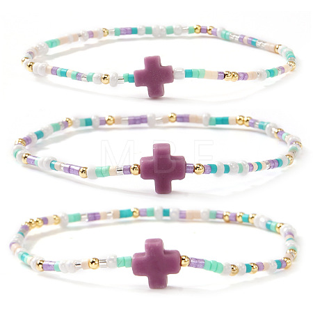 3Pcs Bohemian Cross Charm Glass Seed Bead & Brass Beads Stretch Bracelet for Women SA4132-5-1