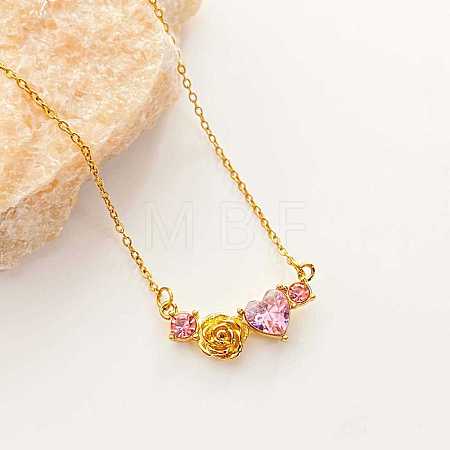 304 Stainless Steel Rose Rhinestone Pendant Necklaces for Women WGA56D1-02-1