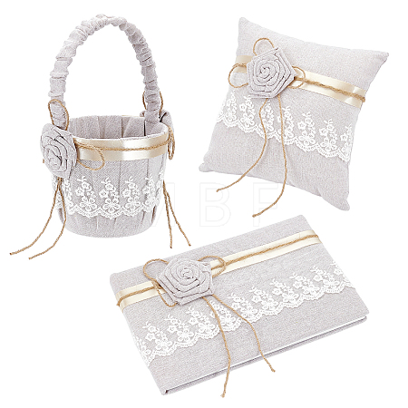 1Pc Square Linen Lace Wedding Ring Display Pillow with Flower AJEW-WA0004-22-1