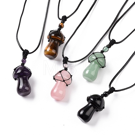 Natural Gemstone Mushroom Pendant Necklace NJEW-E065-01-1