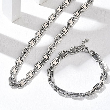 304 Stainless Steel Oval Link Chain Necklaces Bracelets Sets SJEW-D091-08P-1