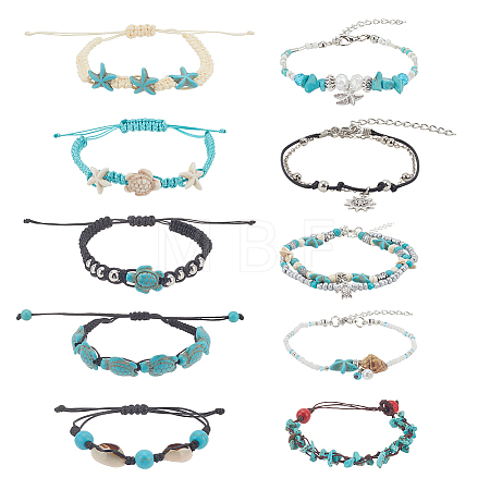 10Pcs 10 Style Synthetic Turquoise & Natural Shell & Seed Braided Bead Bracelet & Anklet AJEW-AN0007-10-1