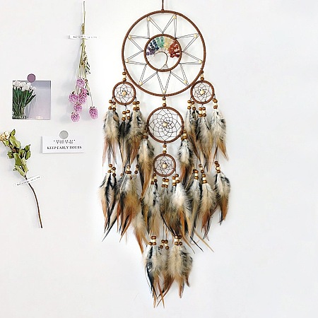 Bohemian Wood & Gemstone Chips Web/Net with Feather Pendant Decorations HJEW-A013-04B-1