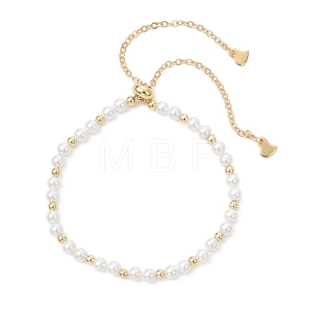 Shell Pearl & Brass Round Beaded Slider Bracelets BJEW-JB13324-01-1