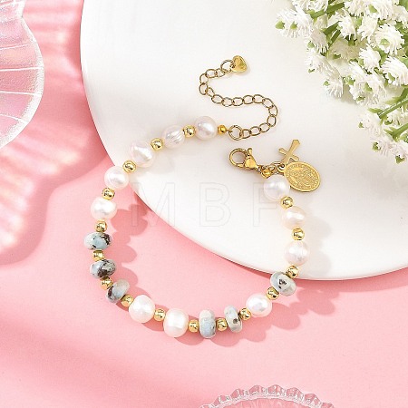 Rondelle Natural Larimar and Potato Natural Cultured Freshwater Pearl Beaded Bracelets BJEW-JB14435-1